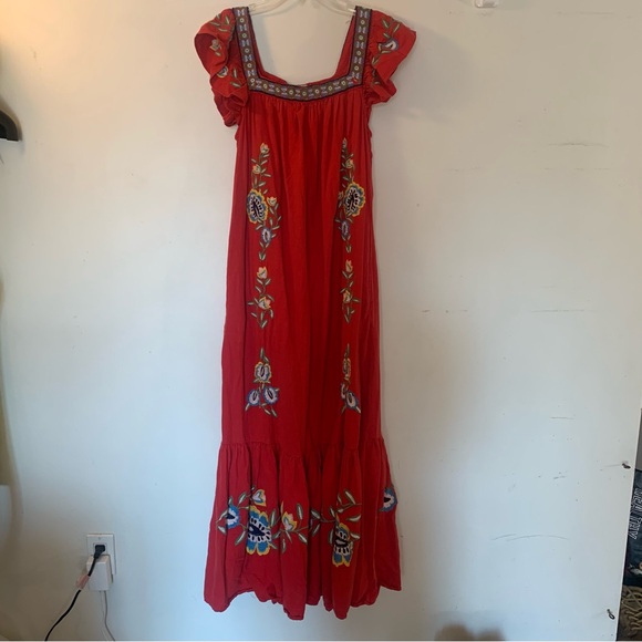 Farm Rio x Anthropologie Embroidered Square-Neck Linen Blend Dress Size Medium - Picture 3 of 9